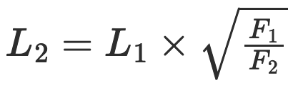 The formula for calculating the key lengths. Length two is equal to length one multiplied by the square root of frequency one over frequency two.