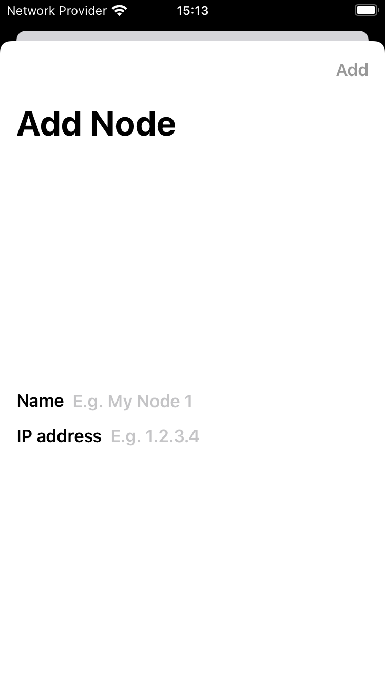The dashboard app showing the sheet used to add a new node.
