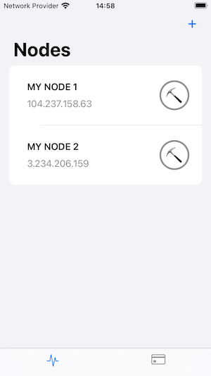 The dashboard app showing a list of nodes, along with an icon indicating whether they're mining or not.