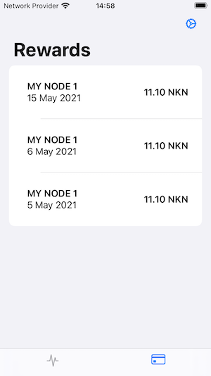 The dashboard app showing a list of mining rewards that have been paid into the beneficiary wallet, along with the name of the node that earned each reward.