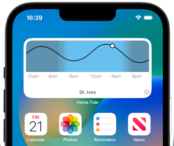 The widget on the home screen, showing the day's tides.