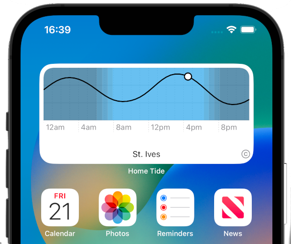The Home Tide Home Screen widget, showing the tide and the times of daylight, nighttime and the three types of twilight.