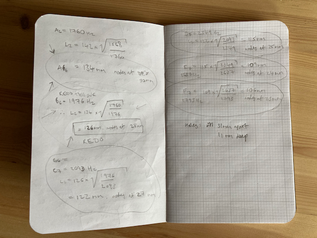 Notebook showing calculations of key lengths